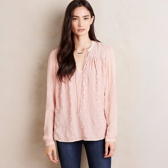 Anthropologie Tiny Embroidered Split-Neck Top in Pink - sz Small - Picture 1 of 3